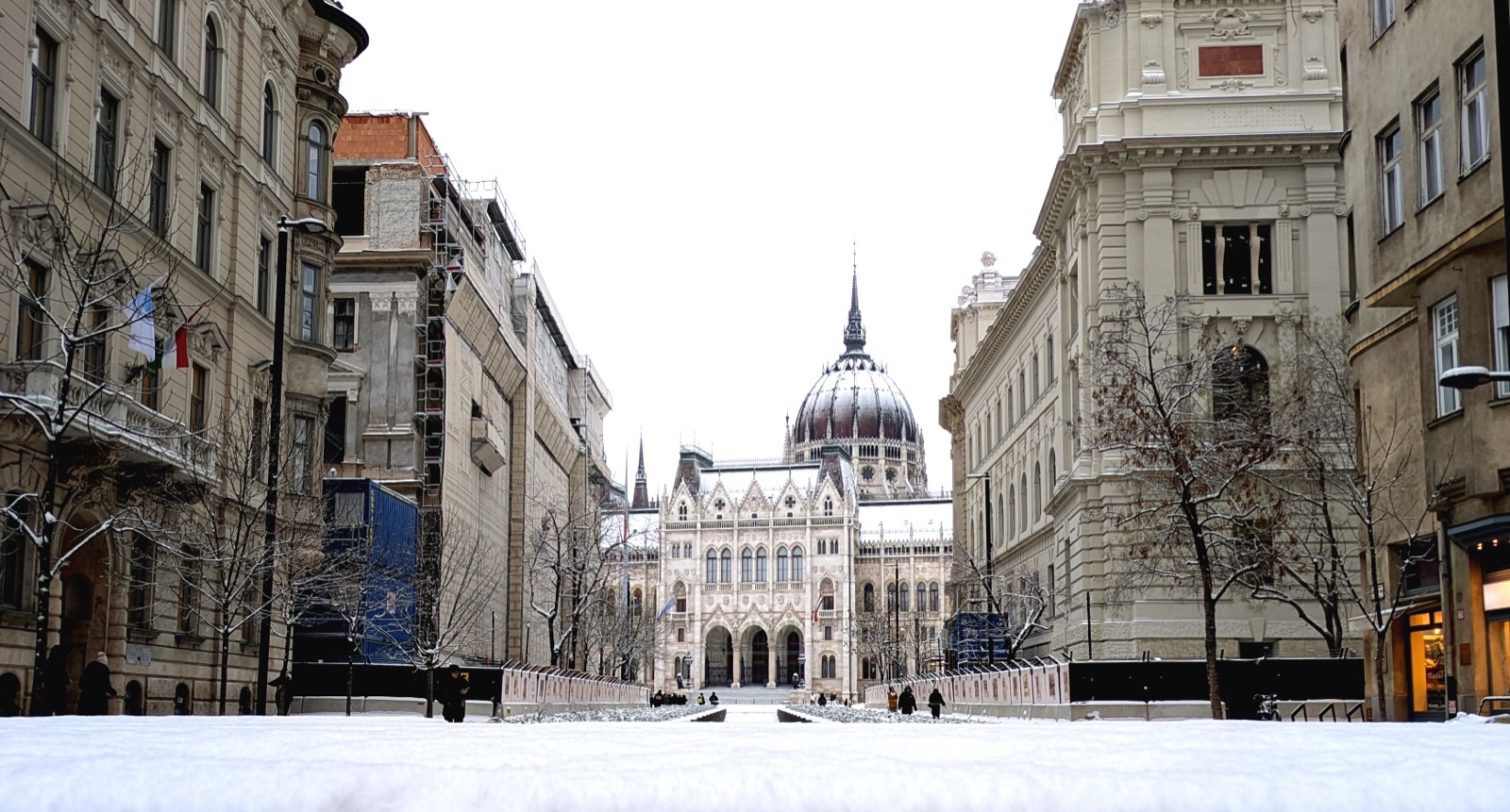Hungarian Parliament Building with snow (shot from Pest)